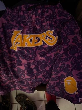 Bape Mitchell and Ness Lakers Purple Camo Shorts with Yellow Logo